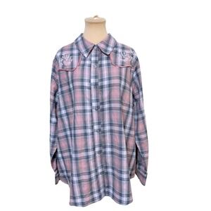 Vintage Threads Women Plaid Western Shirt XL Pink Grey Embroidered Button Down